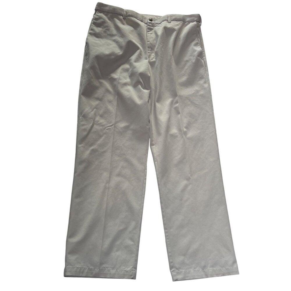 Mens Cotton Flat-Front Pants 38x32 Beige With Buttoned Back Pockets Lightweight